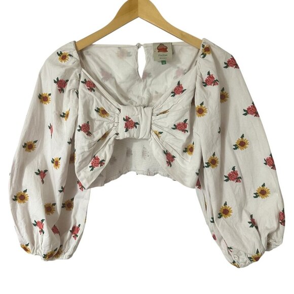 Farm Rio Floral Cross Stitch Embroidered Crop Top XS Puff Sleeves Boho - Picture 6 of 12